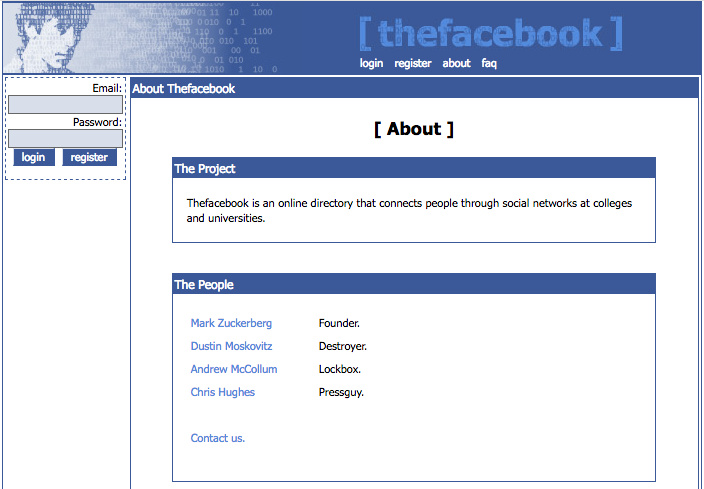 Facebook "About" page (note the snarky titles) (2005)